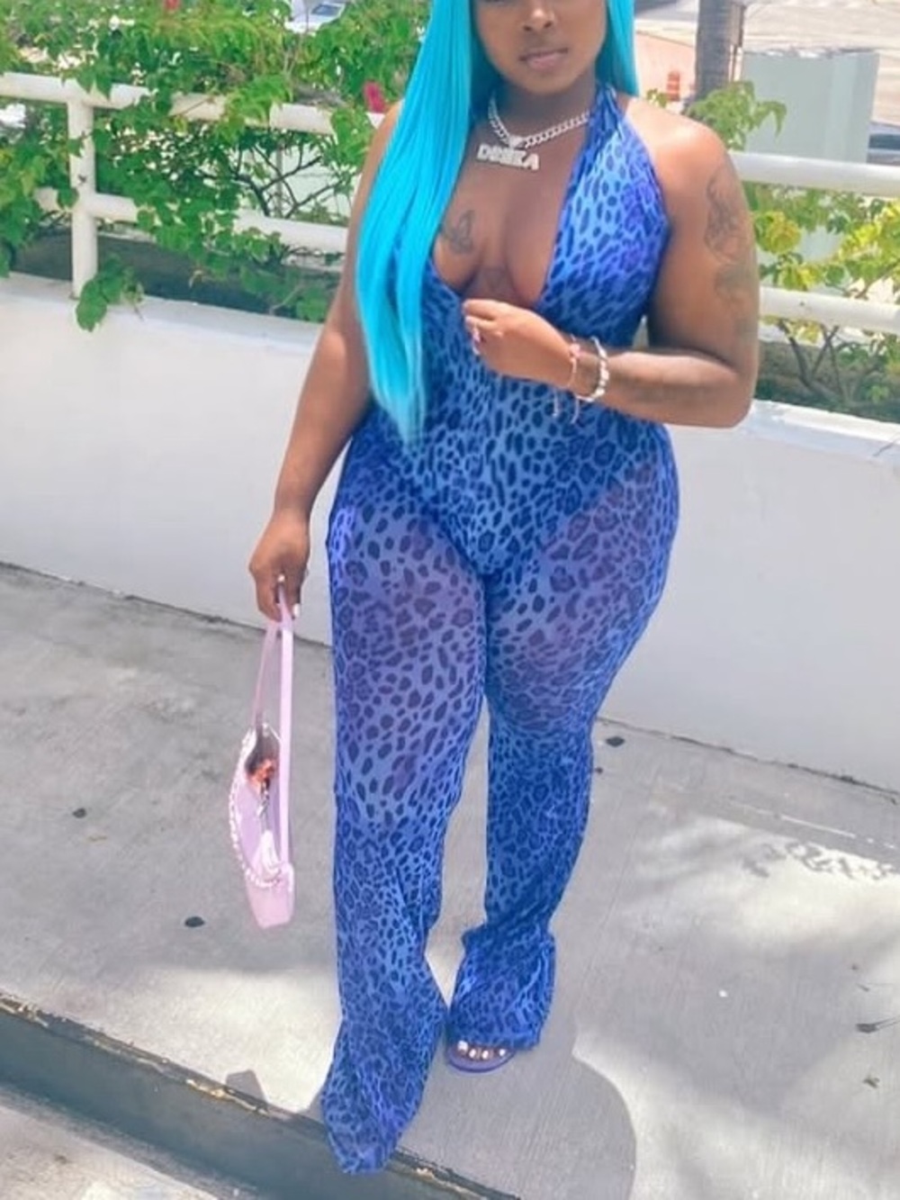 Blue Leopard Print Halter Jumpsuit